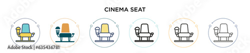 Cinema seat icon in filled, thin line, outline and stroke style. Vector illustration of two colored and black cinema seat vector icons designs can be used for mobile, ui, web