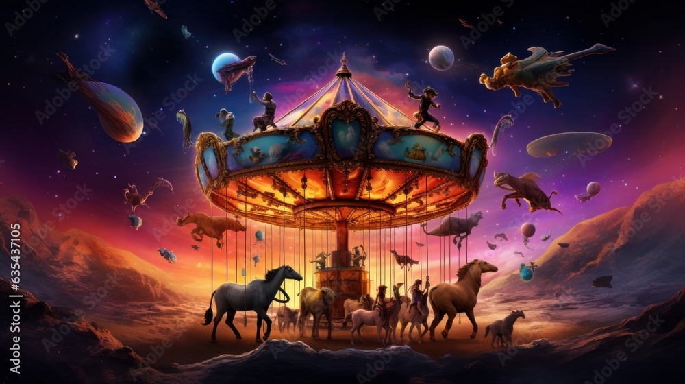Galaxy Carousel. A merry-go-round in space, with creatures from different planets as the rides. Generative AI - obrazy, fototapety, plakaty 