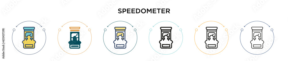 Speedometer icon in filled, thin line, outline and stroke style. Vector illustration of two colored and black speedometer vector icons designs can be used for mobile, ui, web
