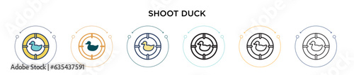 Shoot duck icon in filled, thin line, outline and stroke style. Vector illustration of two colored and black shoot duck vector icons designs can be used for mobile, ui, web