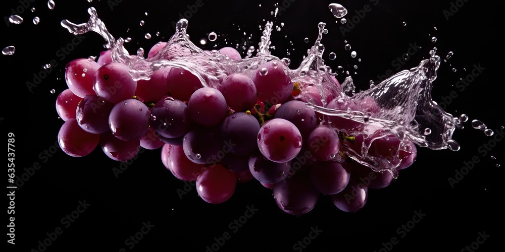 Flying fresh purple grapes touching water splash on black background