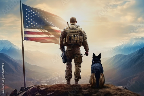 Leinwand Poster Back of american military man with service german shepherd on the background of
