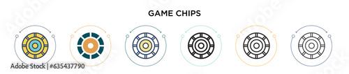 Game chips icon in filled, thin line, outline and stroke style. Vector illustration of two colored and black game chips vector icons designs can be used for mobile, ui, web