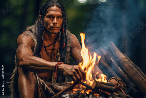 One young serious indigenous man from the Amazon sitting by the fire