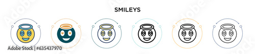 Smileys icon in filled, thin line, outline and stroke style. Vector illustration of two colored and black smileys vector icons designs can be used for mobile, ui, web