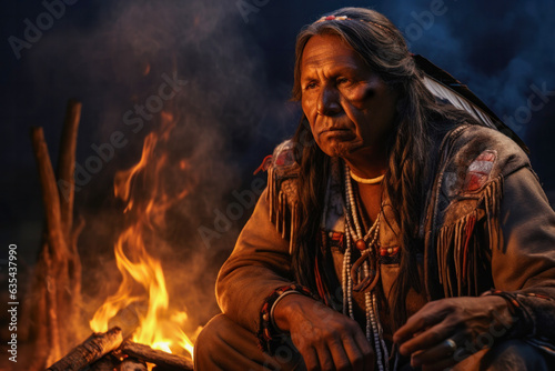 Elder serious wrinkled indigenous man from the Amazon with ritual paintings on face sitting by the fire