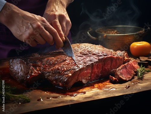 Man hand holding knife and fork cutting grilled beef steak on wooden plate. AI GENERATIVE
