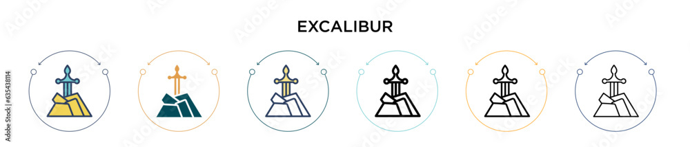Fototapeta premium Excalibur icon in filled, thin line, outline and stroke style. Vector illustration of two colored and black excalibur vector icons designs can be used for mobile, ui, web