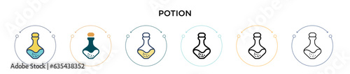 Potion icon in filled, thin line, outline and stroke style. Vector illustration of two colored and black potion vector icons designs can be used for mobile, ui, web