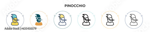 Pinocchio icon in filled, thin line, outline and stroke style. Vector illustration of two colored and black pinocchio vector icons designs can be used for mobile, ui, web