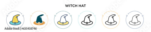 Witch hat icon in filled, thin line, outline and stroke style. Vector illustration of two colored and black witch hat vector icons designs can be used for mobile, ui, web