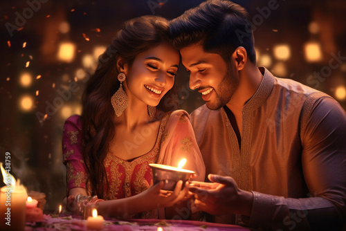 Smiling young joyful happy married couple together celebrating Diwali day