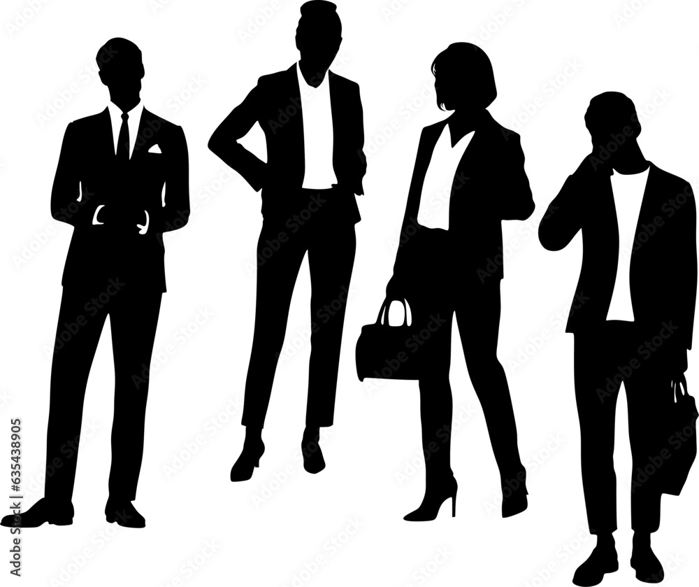 Vector silhouettes of men and women, a group of standing business people, black and white color, isolated on a white background