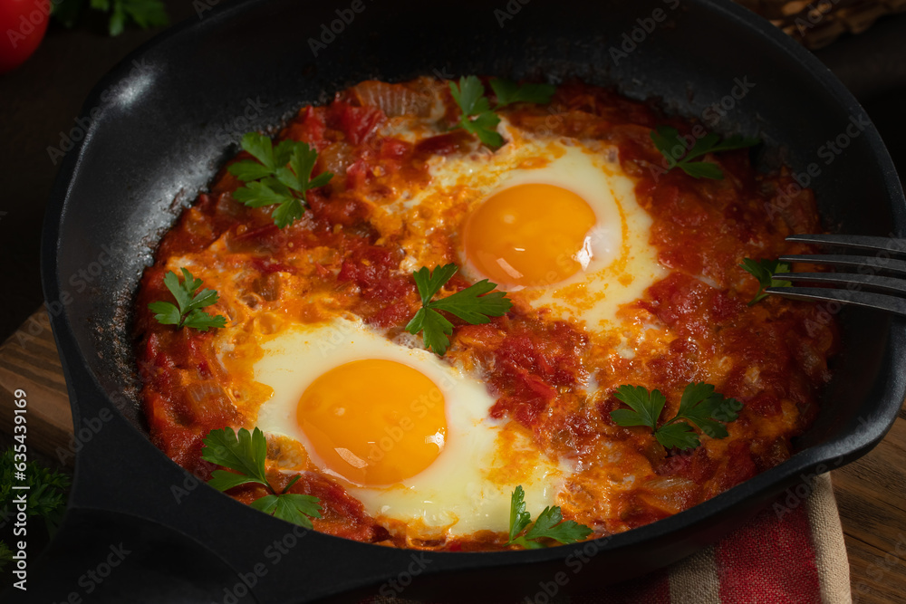 Shakshuka from two eggs in tomato sauce with fresh tomatoes, spices and herbs in a black frying pan. Close-up scrambled eggs Shakshuka from two eggs in tomato sauce with fresh tomatoes, spices and herbs in a black frying pan. Close-up scrambled eggs