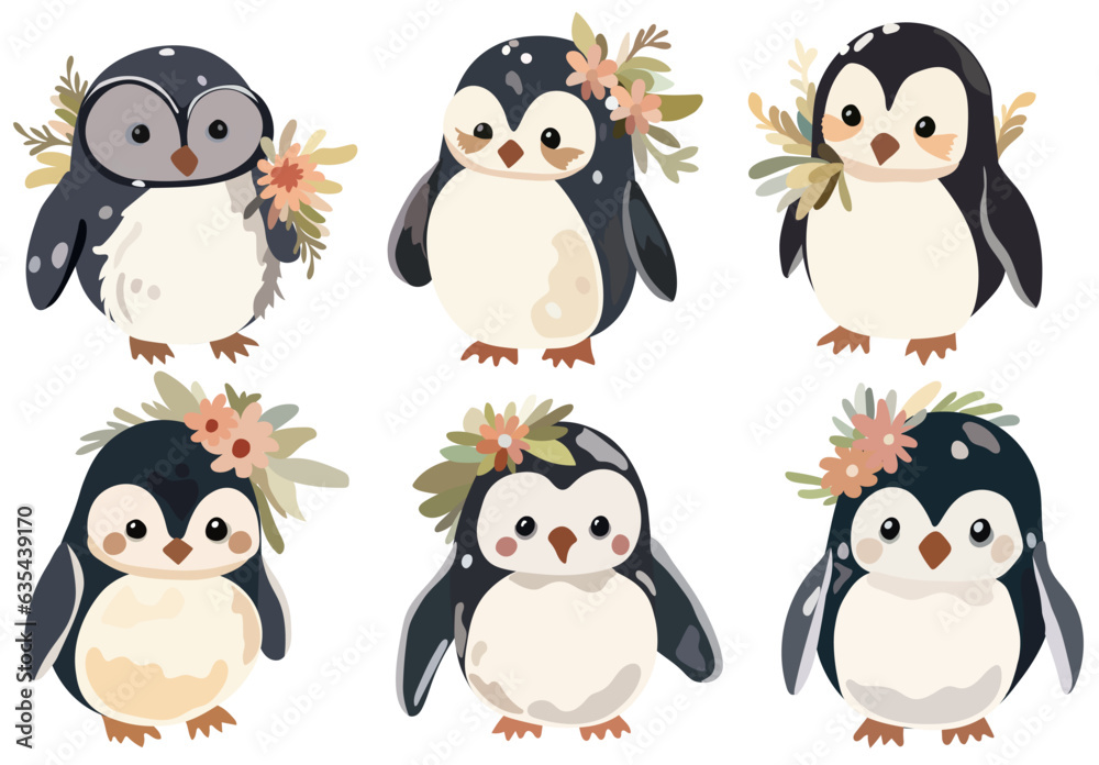 Naklejka premium Adorable festive penguins. Joyful penguin character, smiling aquatic non-flying bird. Vector collection featuring baby penguin, charming polar creatures. Vector.