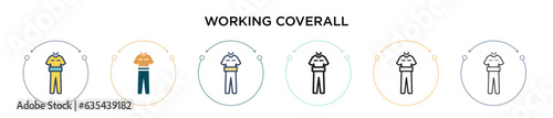 Working coverall icon in filled, thin line, outline and stroke style. Vector illustration of two colored and black working coverall vector icons designs can be used for mobile, ui, web