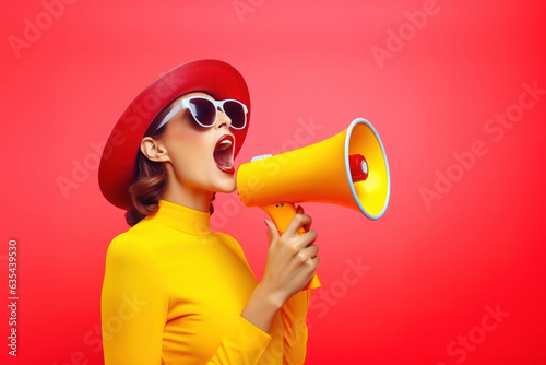 Hurry up. Stylish brunette woman screaming in loudspeaker, announces about final sales and discounts day, black friday photo
