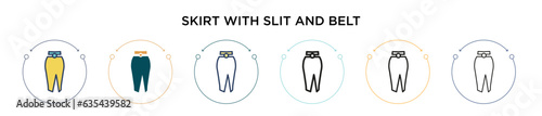 Skirt with slit and belt icon in filled, thin line, outline and stroke style. Vector illustration of two colored and black skirt with slit and belt vector icons designs can be used for mobile, ui, web