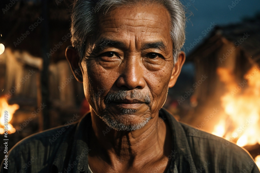 A close-up of a Vietnamese old man's face, illuminated by the light of a fire. Image created using artificial intelligence. A close-up of a Vietnamese old man's face, illuminated by the light of a fire. Image created using artificial intelligence.