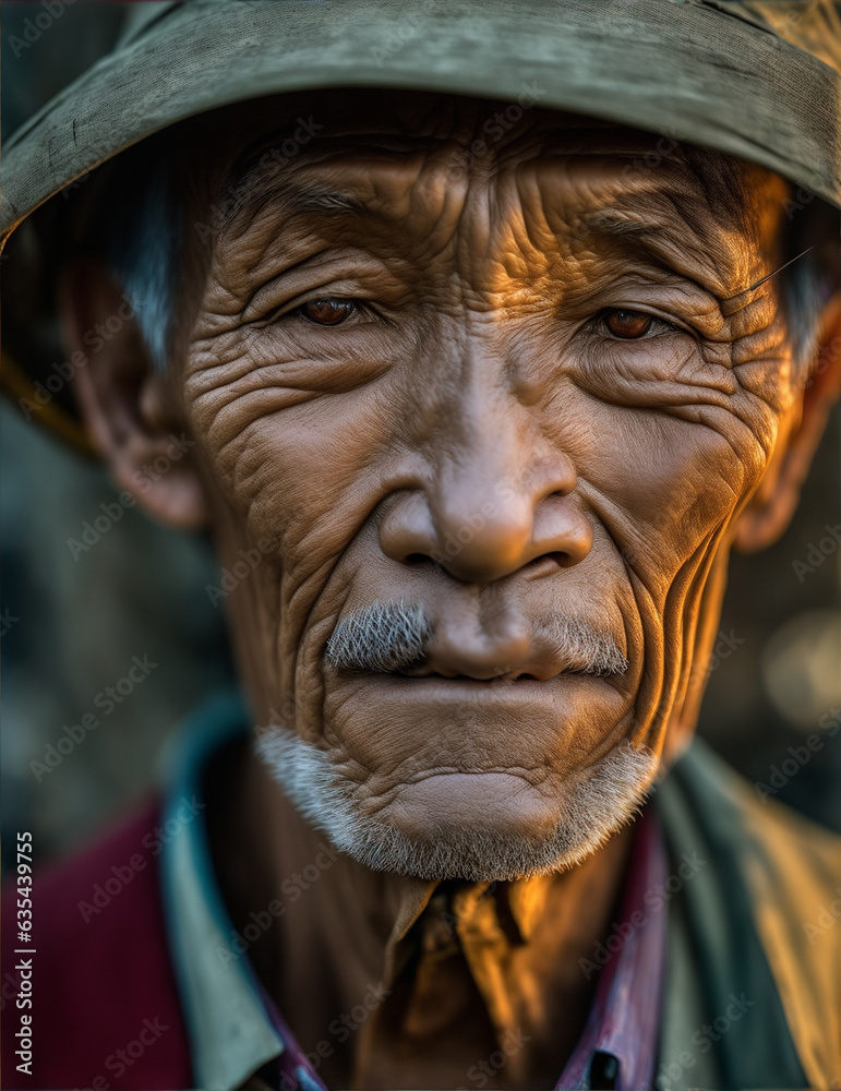 A close-up of a Vietnamese old man's face, illuminated by the light of a fire. Image created using artificial intelligence. A close-up of a Vietnamese old man's face, illuminated by the light of a fire. Image created using artificial intelligence.