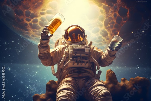astronaut floating in space, holding a beer, generative AI illustration.