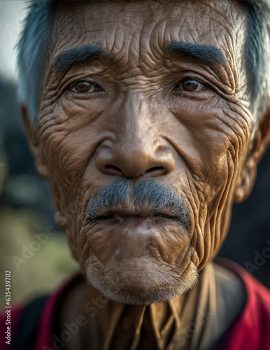 A close-up of a Vietnamese old man s face  illuminated by the light of a fire. Image created using artificial intelligence.