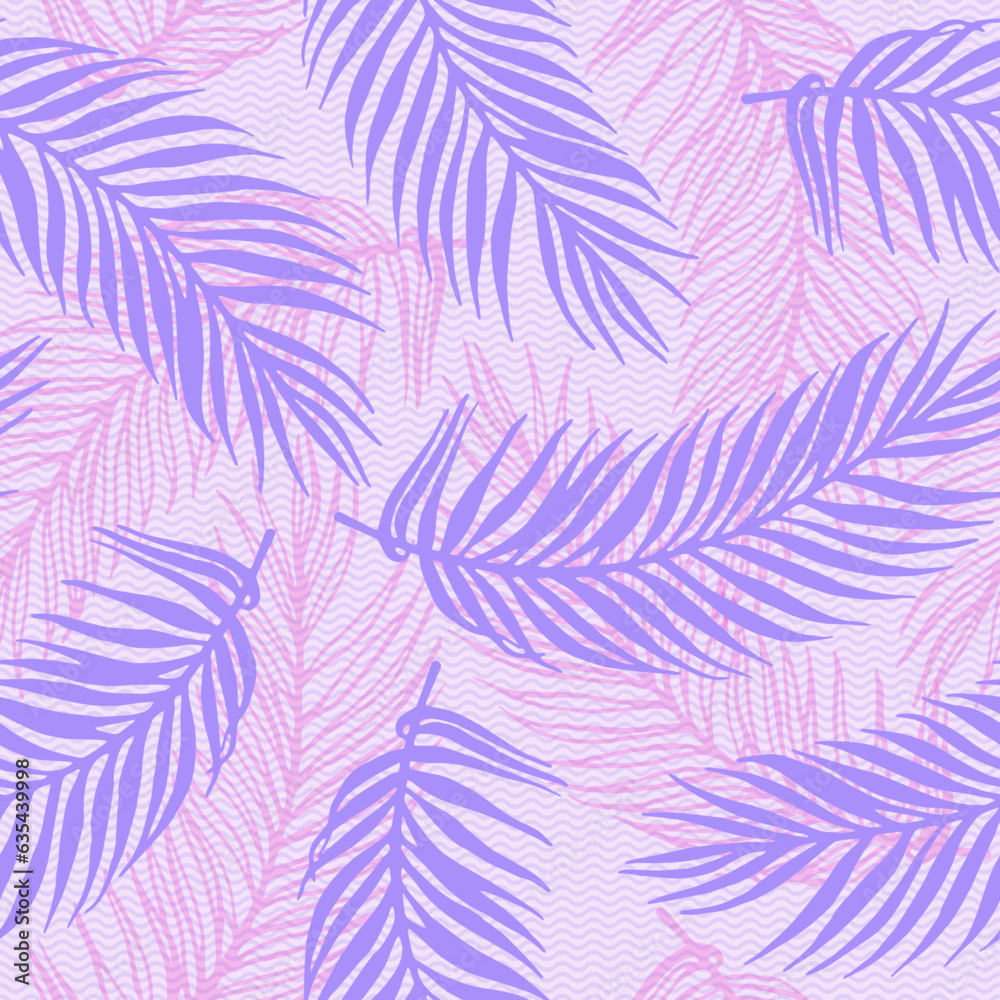 Fototapeta premium Repeat jungle palm leaves vector pattern. Botanical elements over waves texture