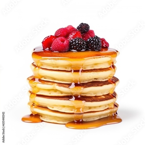 Homemade Pancake with raspberries on a white background. Generative AI © Irina