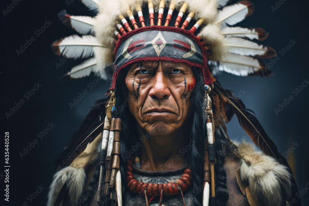 Portrait of mature serious wrinkled indigenous man from the Amazon with ritual paintings on face and wearing headdresses feathers looking at the camera
