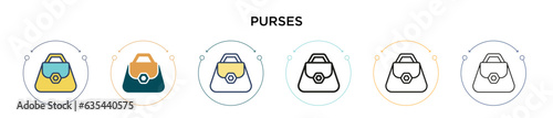Purses icon in filled, thin line, outline and stroke style. Vector illustration of two colored and black purses vector icons designs can be used for mobile, ui, web