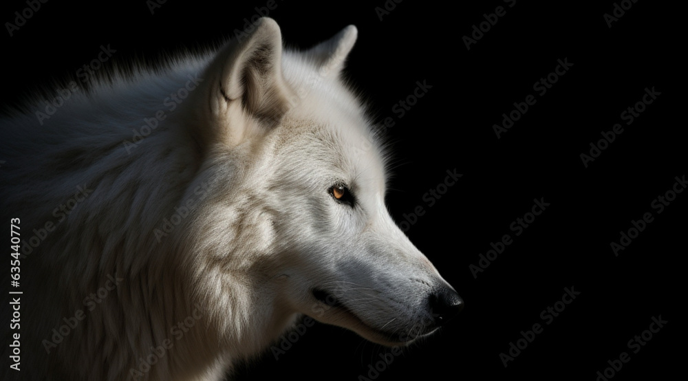 White wolf on a black background, created with Generative AI technology. White wolf on a black background, created with Generative AI technology.