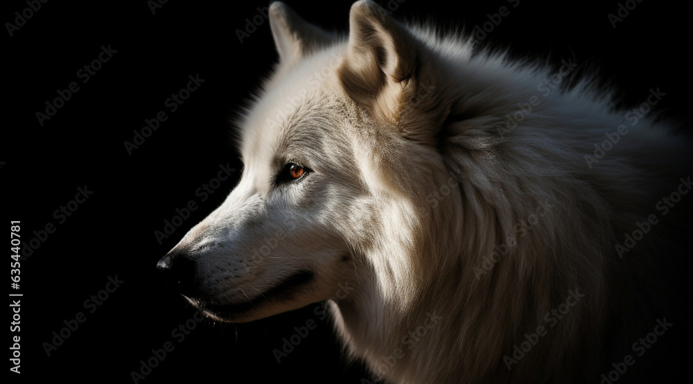 White wolf on a black background, created with Generative AI technology. White wolf on a black background, created with Generative AI technology.