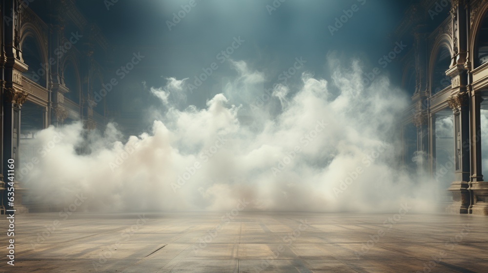 Fog smoke white smog clouds on floor mist haze.