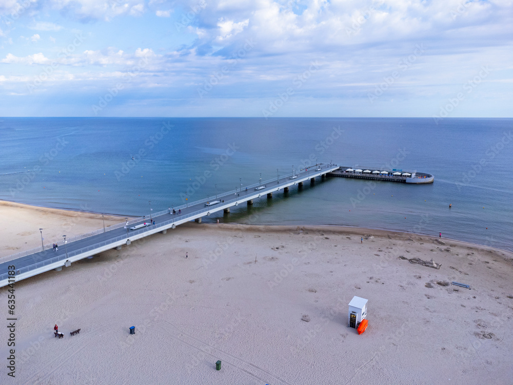 Aerial view landscape, view of the beach, sea and pier in Kolobrzeg.