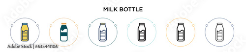Milk bottle icon in filled, thin line, outline and stroke style. Vector illustration of two colored and black milk bottle vector icons designs can be used for mobile, ui, web