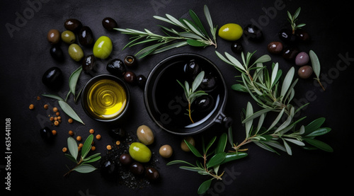 A bottle of olive oil and olives on a black table, created with Generative AI technology.