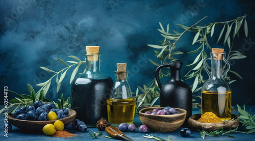 A bottle of olive oil and olives on a blue table, created with Generative AI technology.