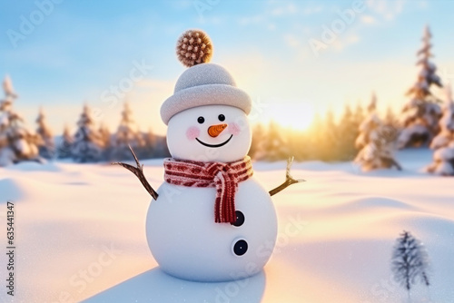 Merry christmas and happy new year greeting card with smiling joyful snowman on winter background © Goffkein