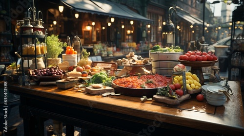 Food market stalls with fruits, vegetables, cheese, meat and fish on counter and in crates. © Dhiman