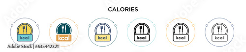 Calories icon in filled, thin line, outline and stroke style. Vector illustration of two colored and black calories vector icons designs can be used for mobile, ui, web