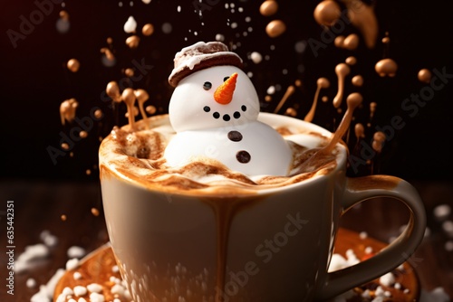 Hot coffee with melted snowman, closeup, Generative AI