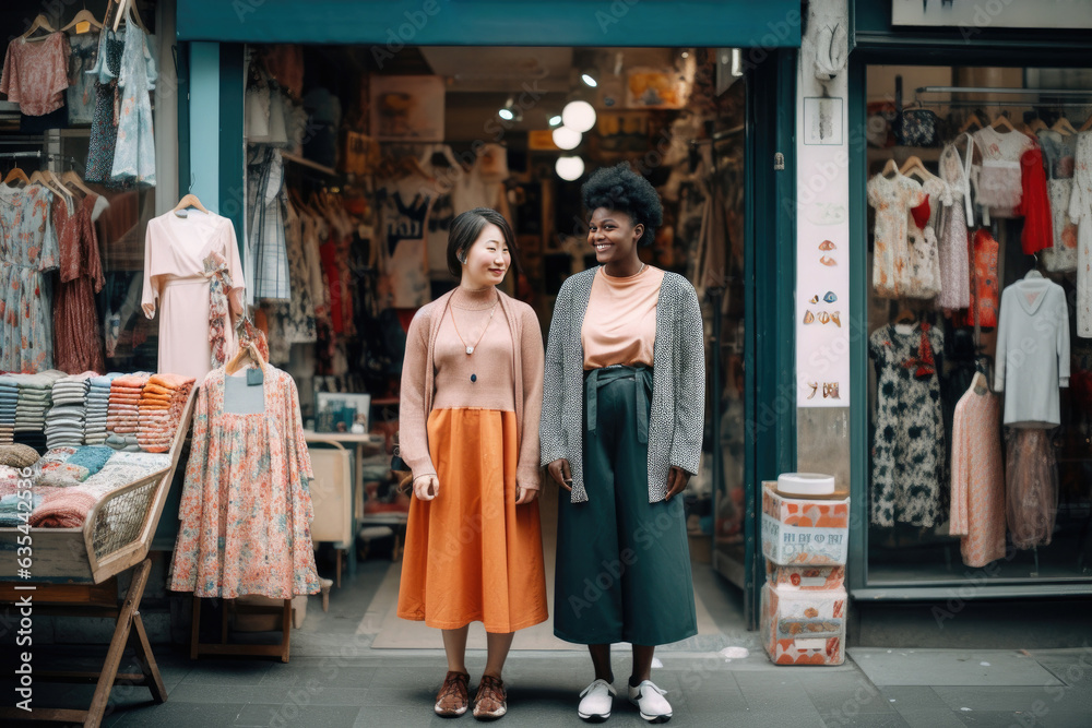 Two young women friends enjoy shopping in the heart of the city.