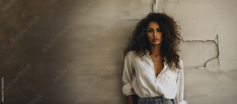 Fototapeta premium Multicultural female model leaning against a wall in an empty room. Generative AI.