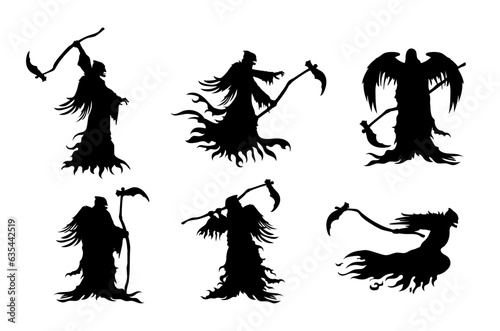 Angel of Death holding sickle with black wing in many actions. Silhouette character about the terror, game, Death god, hell, and Halloween theme.