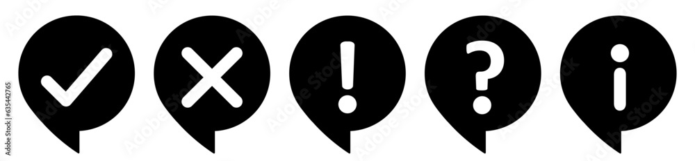 Thinking circle icon set-check mark, cross, X mark, exclamation point, question mark and information mark vector. Tick, cross, cut, exclamatory, question and info mark set in thinking circle black. Thinking circle icon set-check mark, cross, X mark, exclamation point, question mark and information mark vector. Tick, cross, cut, exclamatory, question and info mark set in thinking circle black.