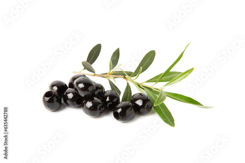 Tasty black olives with leaves isolated on white background. Vegan. Design.