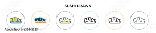 Sushi prawn icon in filled, thin line, outline and stroke style. Vector illustration of two colored and black sushi prawn vector icons designs can be used for mobile, ui, web