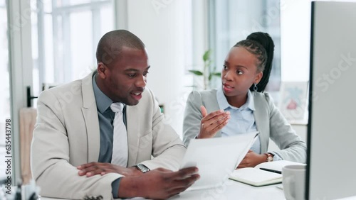 Computer, teamwork or manager coaching black man with documents for a collaboration in office. Paperwork, online or African businesswoman training, teaching or helping employee for digital research photo