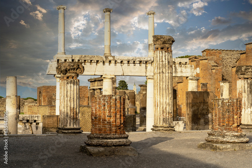 The Basilica at the archaeological site of Pompei (Scavi) . Ruins of ancient city of Pompeii near volcano Vesuvius (Vizuvius), Naples, Italy.