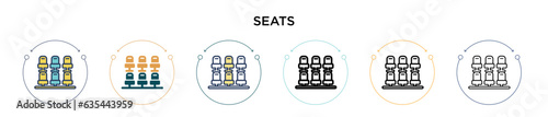 Seats icon in filled, thin line, outline and stroke style. Vector illustration of two colored and black seats vector icons designs can be used for mobile, ui, web